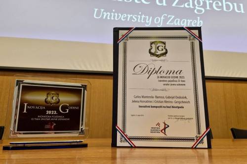 Djelatnici Zavoda za melioracije prof. dr. sc. Gabrijel Ondrašek i Jelena Horvatinec, mag. ing. agr. primili od Hrvatske zajednice inovatora nagradu „Inovacija godine 2023.“