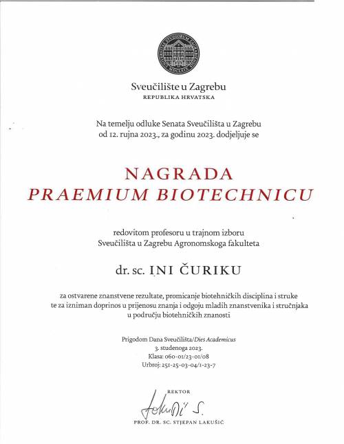 Prof. dr. sc. dr. h. c. Ino Čurik je dobitnik nagrade „Praemium Biotechnicum”